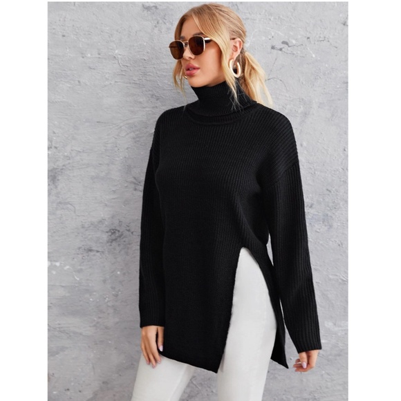 Black Cable Knit Long Turtleneck Sweater Side Cut, Slit Long Sleeves - Picture 4 of 7